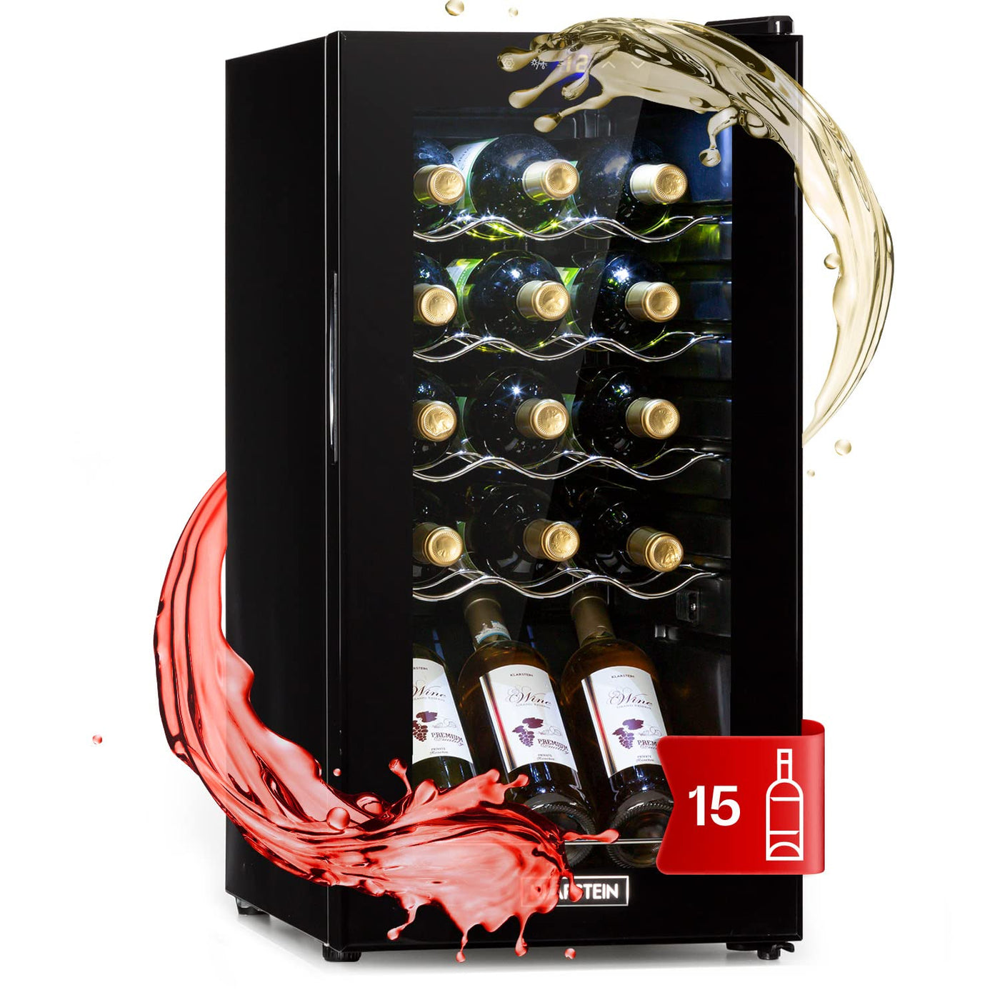 Klarstein Weinkühlschrank, 1 Zonen Getränkekühlschrank Klein, Kleiner Weinschrank 53L, Wein-Kühlschrank Klein mit Glastür, Indoor/Outdoor Flaschenkühlschrank, Wine Fridge 5-18°C, 15 Flaschen