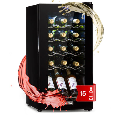 Klarstein Weinkühlschrank, 1 Zonen Getränkekühlschrank Klein, Kleiner Weinschrank 53L, Wein-Kühlschrank Klein mit Glastür, Indoor/Outdoor Flaschenkühlschrank, Wine Fridge 5-18°C, 15 Flaschen