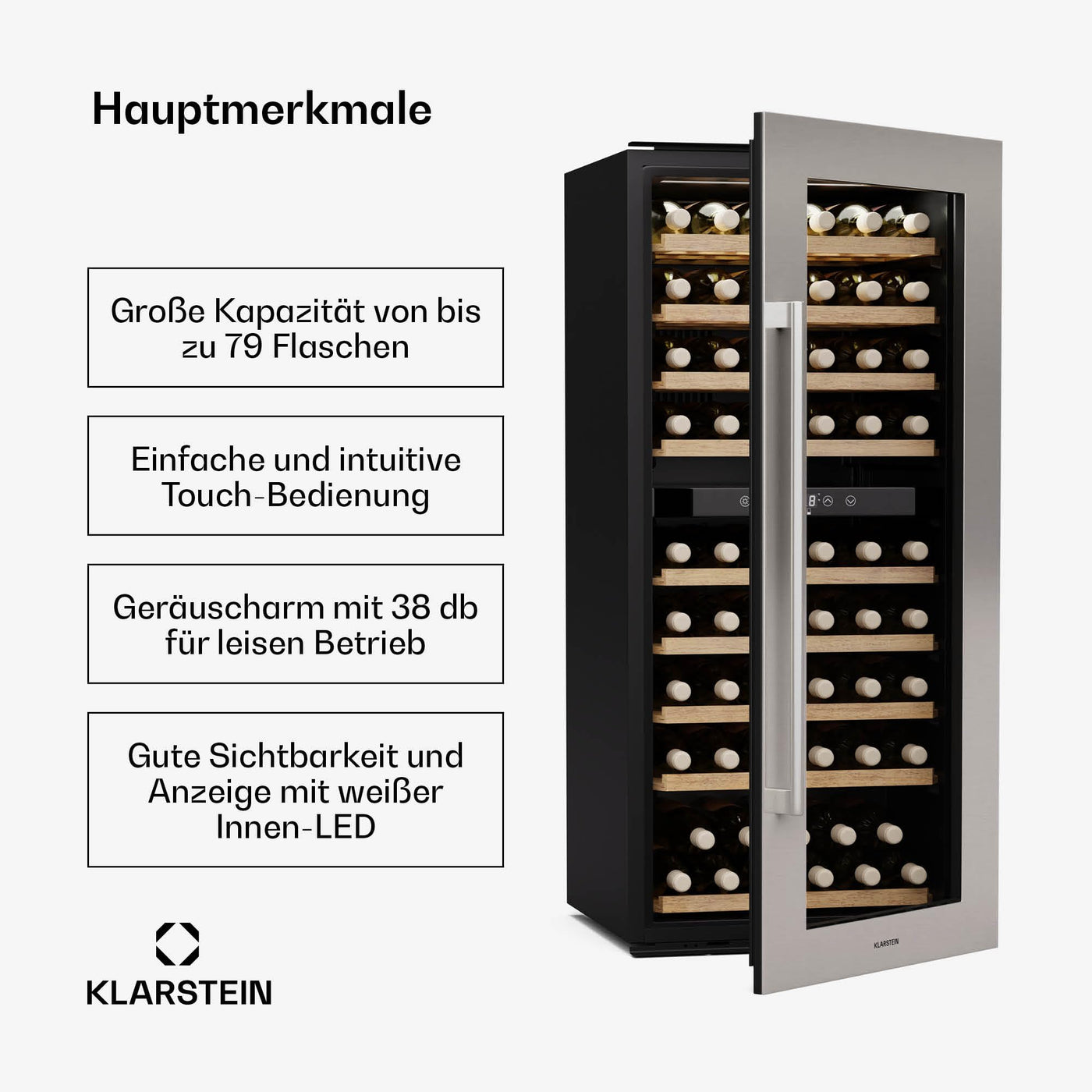 Klarstein Vinsider Duo Weinkühlschrank - 79 Flaschen, 2 Zonen, 5-22 °C, Touch-Bedienung, LED, UV-Schutz, Einbau, Schwarz