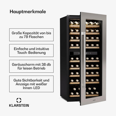 Klarstein Vinsider Duo Weinkühlschrank - 79 Flaschen, 2 Zonen, 5-22 °C, Touch-Bedienung, LED, UV-Schutz, Einbau, Schwarz