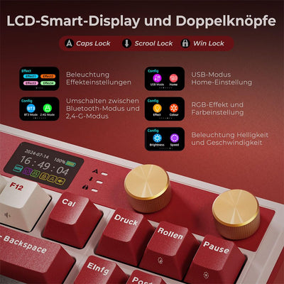 RK ROYAL KLUDGE M87 Mechanische Tastatur Kabellos mit Display und Doppelknopf, Gasket 75% Gaming Tastatur TKL, QWERTZ Bluetooth/2.4Ghz/USB-C RGB QMK/VIA, 7500 mAh, Hot Swap Linear Creamy Switches