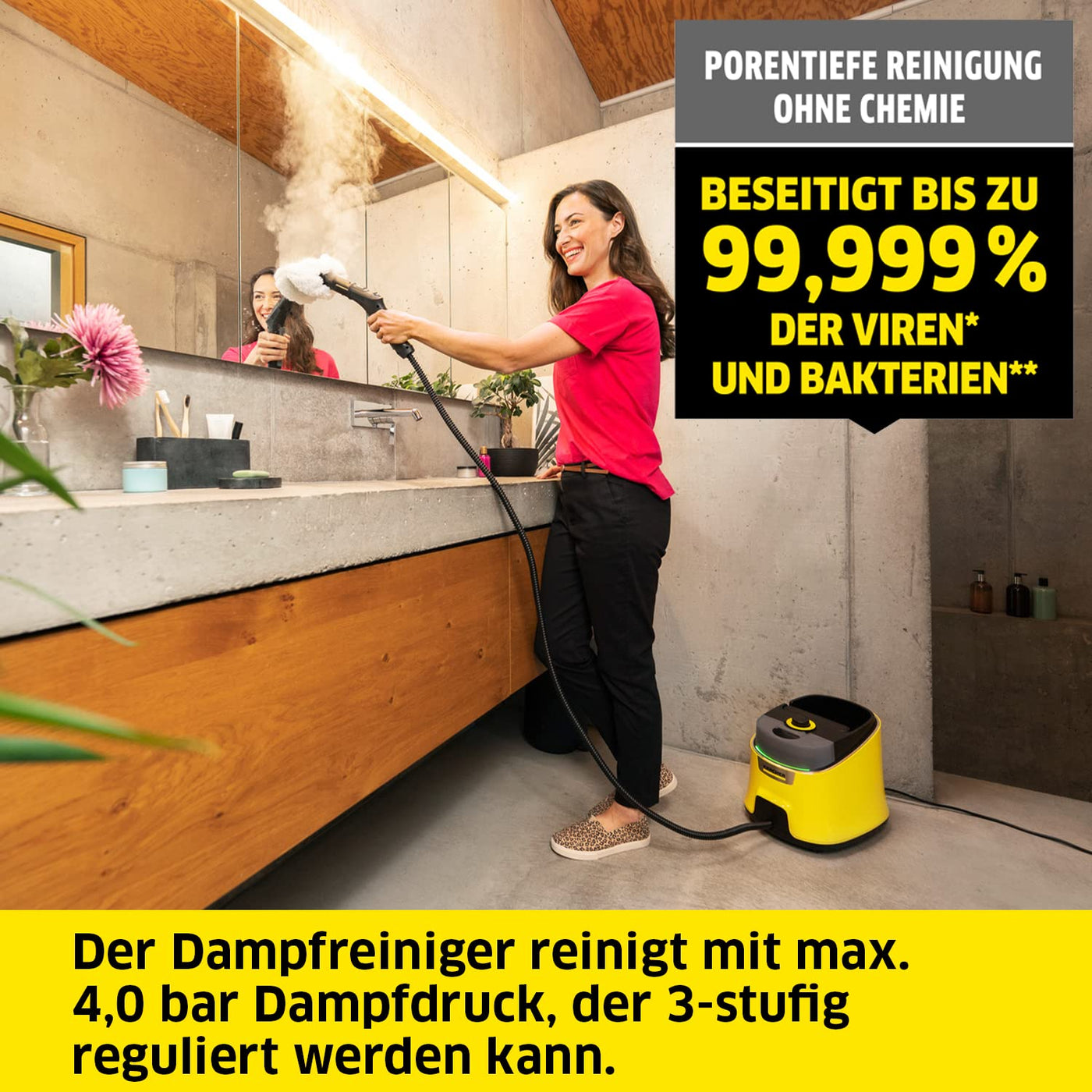 Kärcher Dampfreiniger SC 4 Deluxe EasyFix, Dampfdruck: 4 bar, Aufheizzeit: 3 min., Fläche: ca. 130 m², Tank: 0,5 l + 1,3 l, inkl. Bodenreinigungsset EasyFix, Düsen, Mikrofaser-Überzug und Bürsten