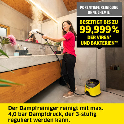 Kärcher Dampfreiniger SC 4 Deluxe EasyFix, Dampfdruck: 4 bar, Aufheizzeit: 3 min., Fläche: ca. 130 m², Tank: 0,5 l + 1,3 l, inkl. Bodenreinigungsset EasyFix, Düsen, Mikrofaser-Überzug und Bürsten