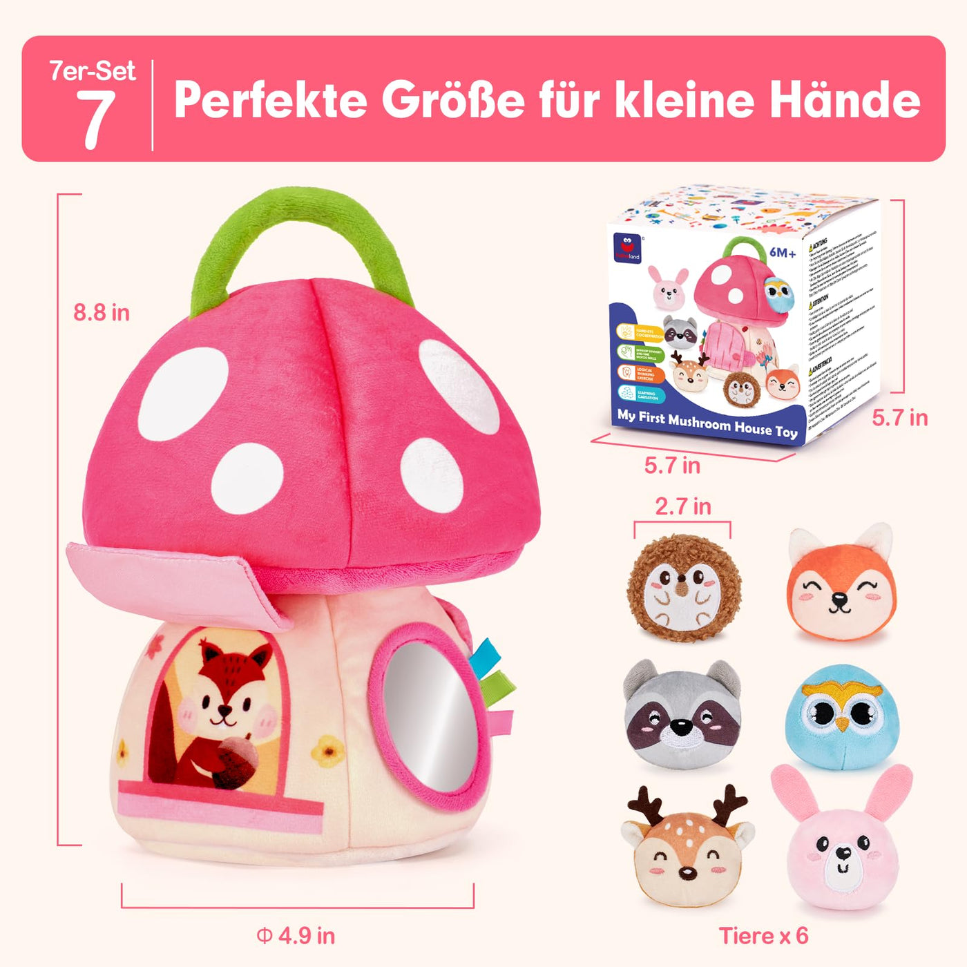 hahaland Baby Spielzeug 6 12 18 Monate, Pilzhaus mit Tieren Rassel, Krepppapier,Spiegel,Lernspielzeug für Babys Fördert Sensorische & Motorik,Montessori Spielzeug Geschenk für Kleinkinder 1 2 3 Jahren