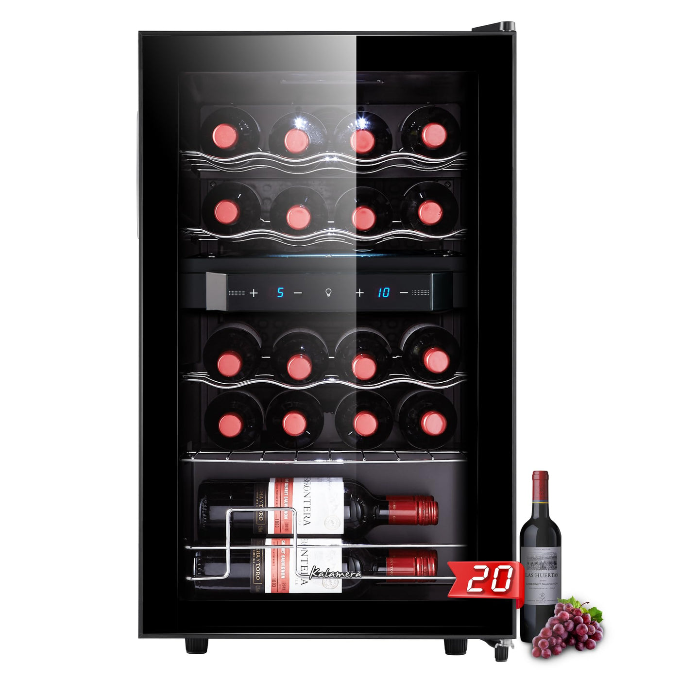 Kalamera Weinkühlschrank 2 Zonen, Touch-Bedienfeld,Schwarze Glastür, Verdeckter Griff, Flaschenkühlschrank 20 Flaschen, 68Liter, 5-18°C Kühlzone, KRC-68BFG
