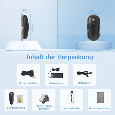 Tosima W2 Fensterputzroboter 3800PA, Fensterputzer Elektrisch- mit Dreifachem Sicherheitssystem, Intelligenter Navigation, Fernbedienung, für Alle Glatten Oberflächen, mit 12 Tüchern （6 Paare）