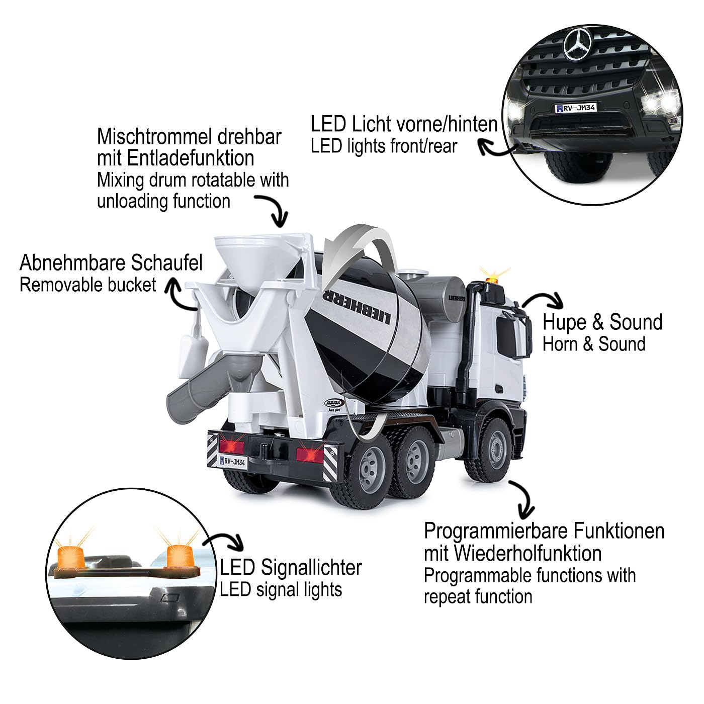 JAMARA Fahrmischer Mercedes-Benz Arocs Liebherr 1:20 2,4GHz - Offiziell lizenziert, Rückfahrwarnsound, 4 Radantrieb, Profilierte Gummireifen, LED Licht, Mischtrommel drehbar mit Entladefunktion