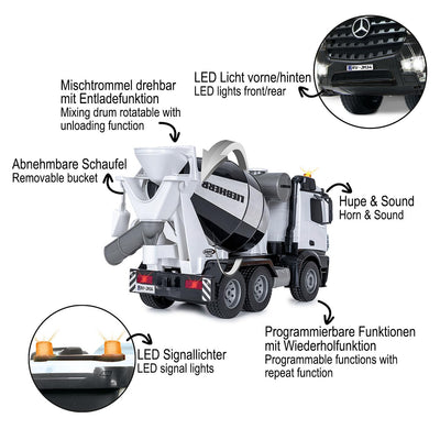 JAMARA Fahrmischer Mercedes-Benz Arocs Liebherr 1:20 2,4GHz - Offiziell lizenziert, Rückfahrwarnsound, 4 Radantrieb, Profilierte Gummireifen, LED Licht, Mischtrommel drehbar mit Entladefunktion