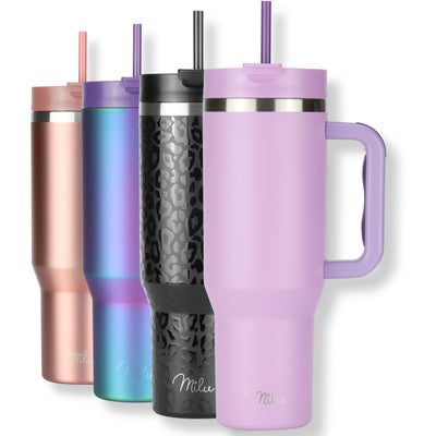 Milu Thermobecher 1200ml mit Strohhalm und Henkel – 48h Eis/24h kalt/12h heiß Edelstahl Tumbler 40oz mit Griff - Isolierbecher to go - Isolierflasche Trinkflasche doppelwandig isoliert (Lilac, 1200ml)