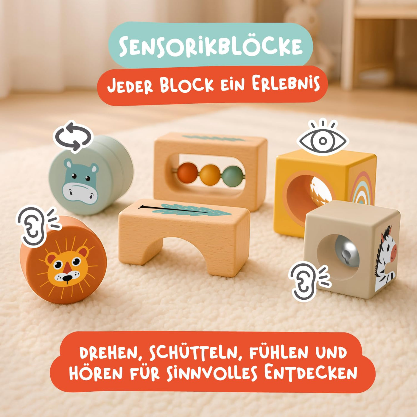 Nene Toys Spielzeug ab 1 Jahr – Montessori Baby Holzspielzeug 4-in-1 Set mit Klangbausteinen, Regenmacher, Stapelturm & Jirafa-Labyrinth – Holzbausteine Motorikspielzeug Geschenk Junge Mädchen