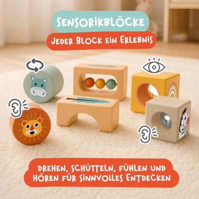 Nene Toys Spielzeug ab 1 Jahr – Montessori Baby Holzspielzeug 4-in-1 Set mit Klangbausteinen, Regenmacher, Stapelturm & Jirafa-Labyrinth – Holzbausteine Motorikspielzeug Geschenk Junge Mädchen