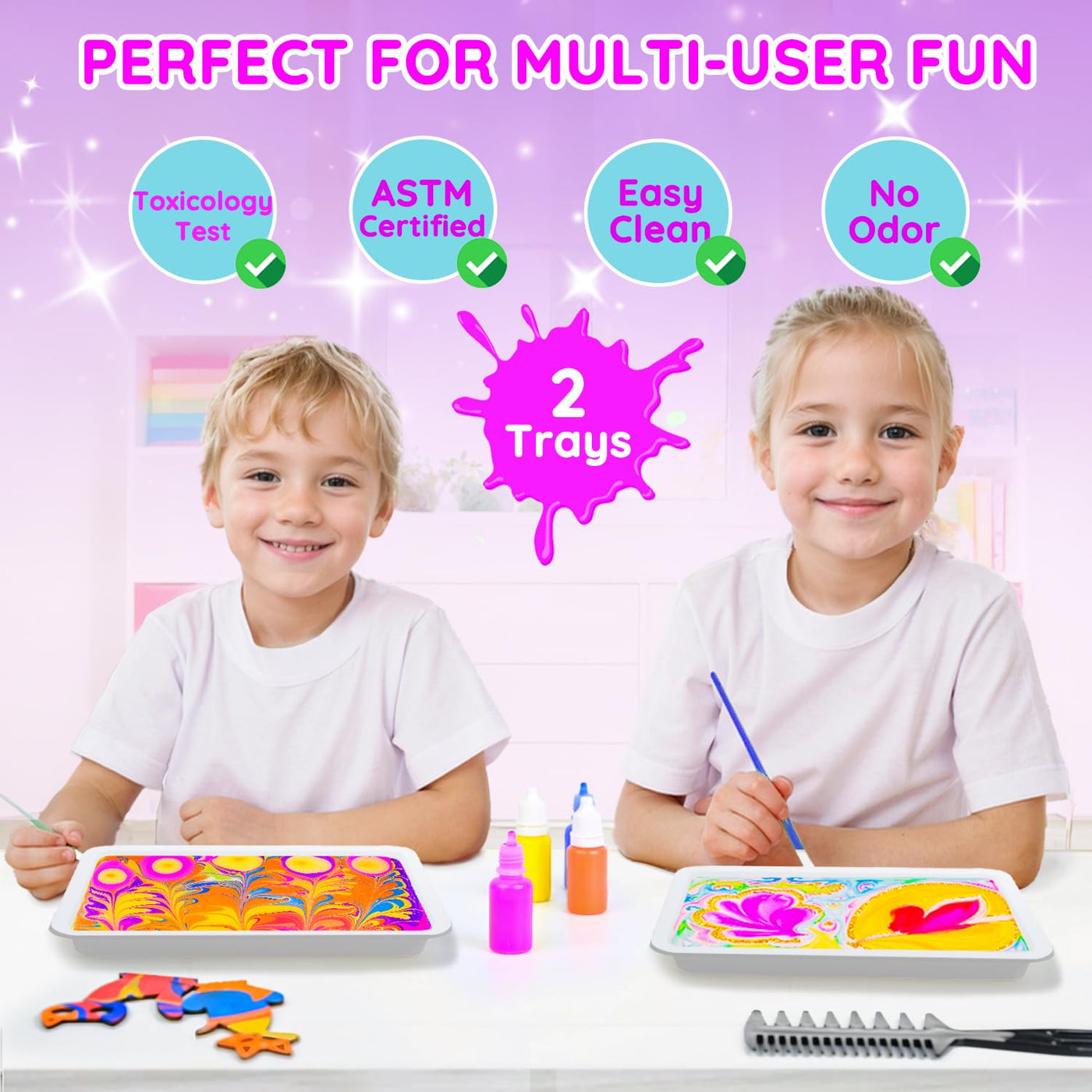 MOMUSE Bastelset Kinder ab 6 Jahre mit 2 Tabletts, Wasser-Marmorierfarbe-Set & Holz-Katzenfiguren, Kreatives Basteln Mädchen 8 Jahre, Coole Geschenke für Jungen Mädchen ab 6 8 9 10 12 Jahre