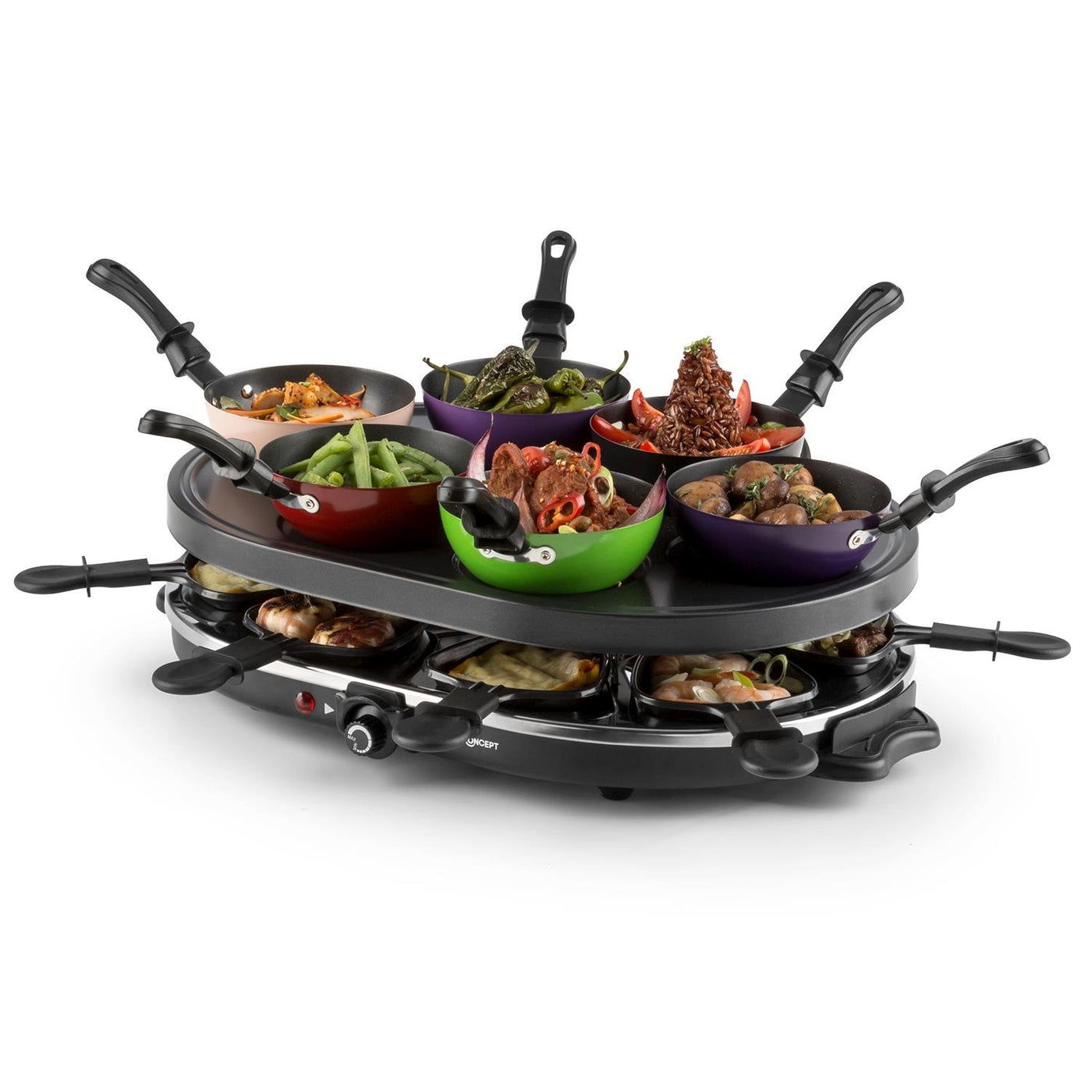 oneConcept Woklette - Raclette Grill, Tischgrill, Partygrill, Leistung: 1200 Watt, stufenlos regulierbare Temperatur, inkl. 8 Pfännchen und Holzspatel, Antihaftbeschichtung, schwarz