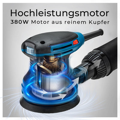 DongCheng Exzenterschleifer 380W, 125mm Schleifmaschine, 6 Geschwindigkeiten 8,000-12,800 U/min mit Staubfangbehälter und 20 Schleifpapier, ideal für professionelle Holzbearbeitung und Schleifarbeiten