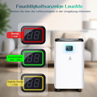 Luftentfeuchter 12L/Tag mit Digitaler Feuchtigkeitsanzeige, Automatische Entfeuchtung, 24H-Timer, Kontinuierliche Entwässerung, 2,5L Wassertank, Abflussschlauch, Ideal für Keller, Gegen Feuchtigkeit