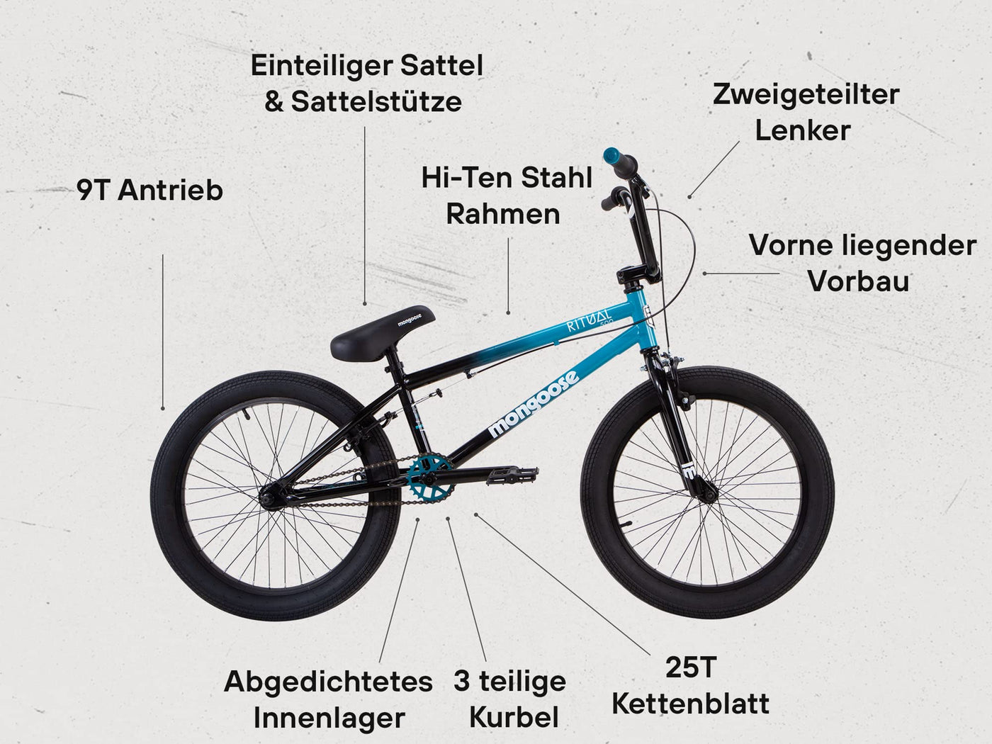 Mongoose Ritual 500 BMX-Rad, 20" Laufräder, Hi-Ten Stahlrahmen, Schwarz, Blau