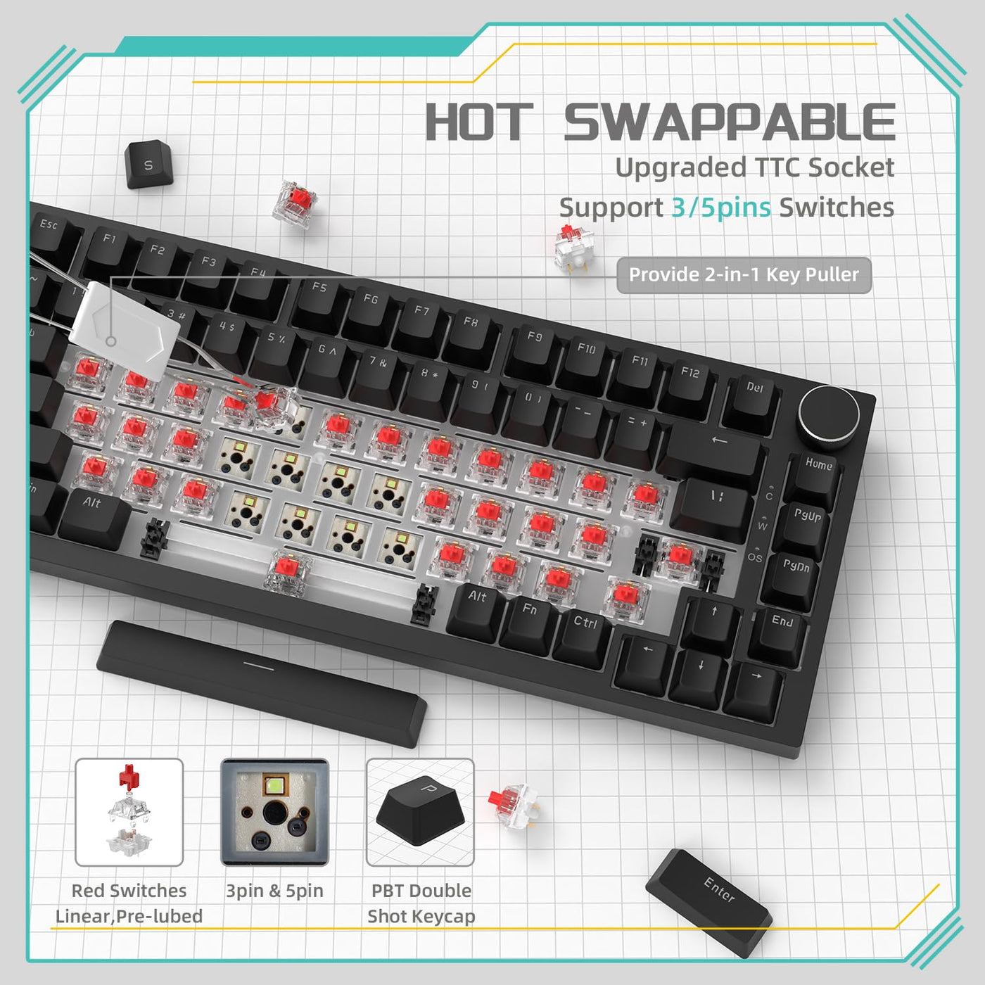 YINDIAO Ajazz AK820 Mechanische Tastatur mit Knopf,75% ANSI-Layout, 81 Tasten,Kabelgebundene Gaming-Tastatur,Verbesserte Dichtungsmontage,Roter Hot-Swap-Schalter,Eisweißes Licht,für PC,MAC (Schwarz)
