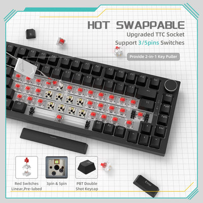 YINDIAO Ajazz AK820 Mechanische Tastatur mit Knopf,75% ANSI-Layout, 81 Tasten,Kabelgebundene Gaming-Tastatur,Verbesserte Dichtungsmontage,Roter Hot-Swap-Schalter,Eisweißes Licht,für PC,MAC (Schwarz)