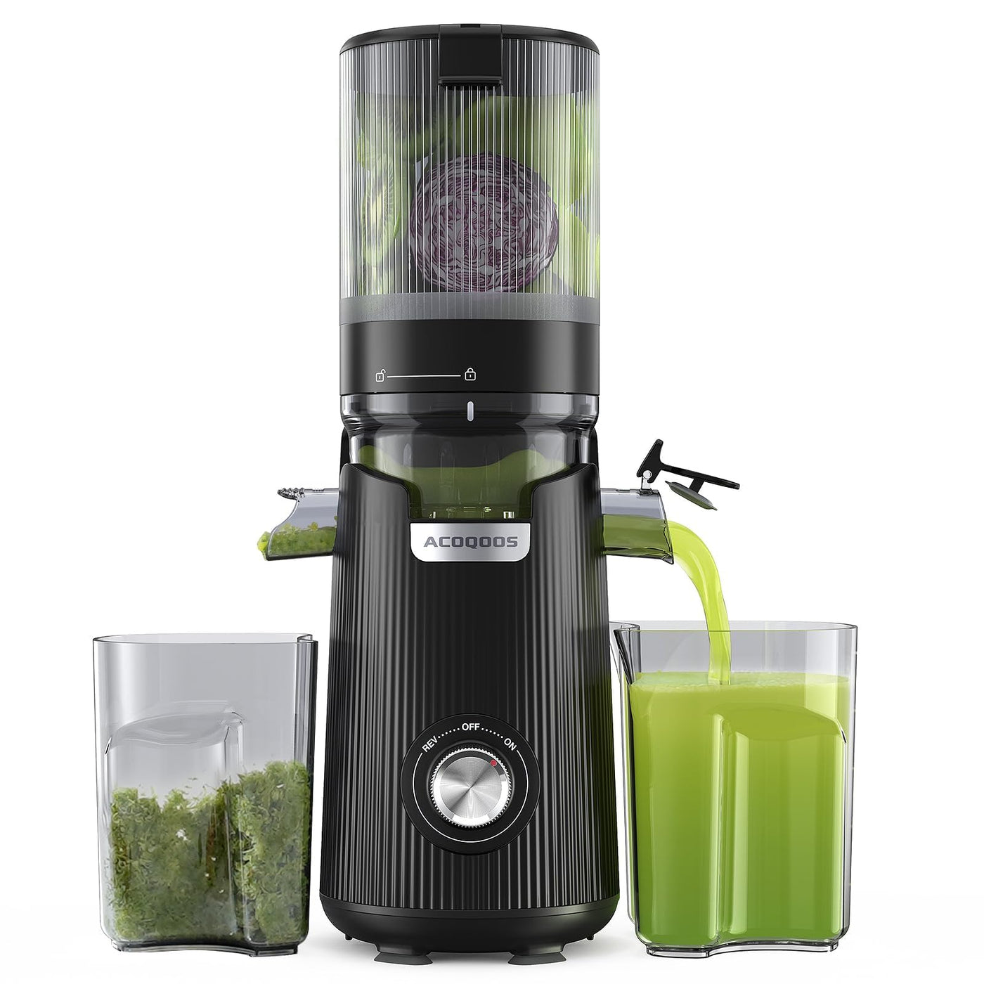 ACOQOOS Entsafter, Entsafter für Ganze Gemüse und Obst, 135 mm Breite und Größere Fütterungsröhre, 1,8 L Füllvolumen, Leicht zu Reinigender Slow Juicer mit 2 Gläsern, Elektrische Saftpresse Schwarz