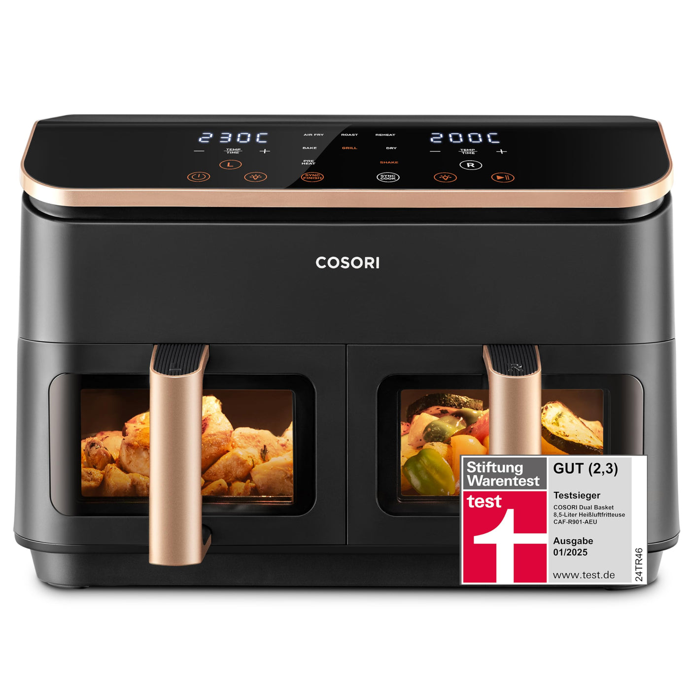 COSORI Heißluftfritteuse 2 Kammern, Testsieger der Stiftung Warentest, 6-in-1 Dual Zone Airfryer 8,5 L, Doppelkammer mit Sichtfenster für vollständige Mahlzeit, Gold