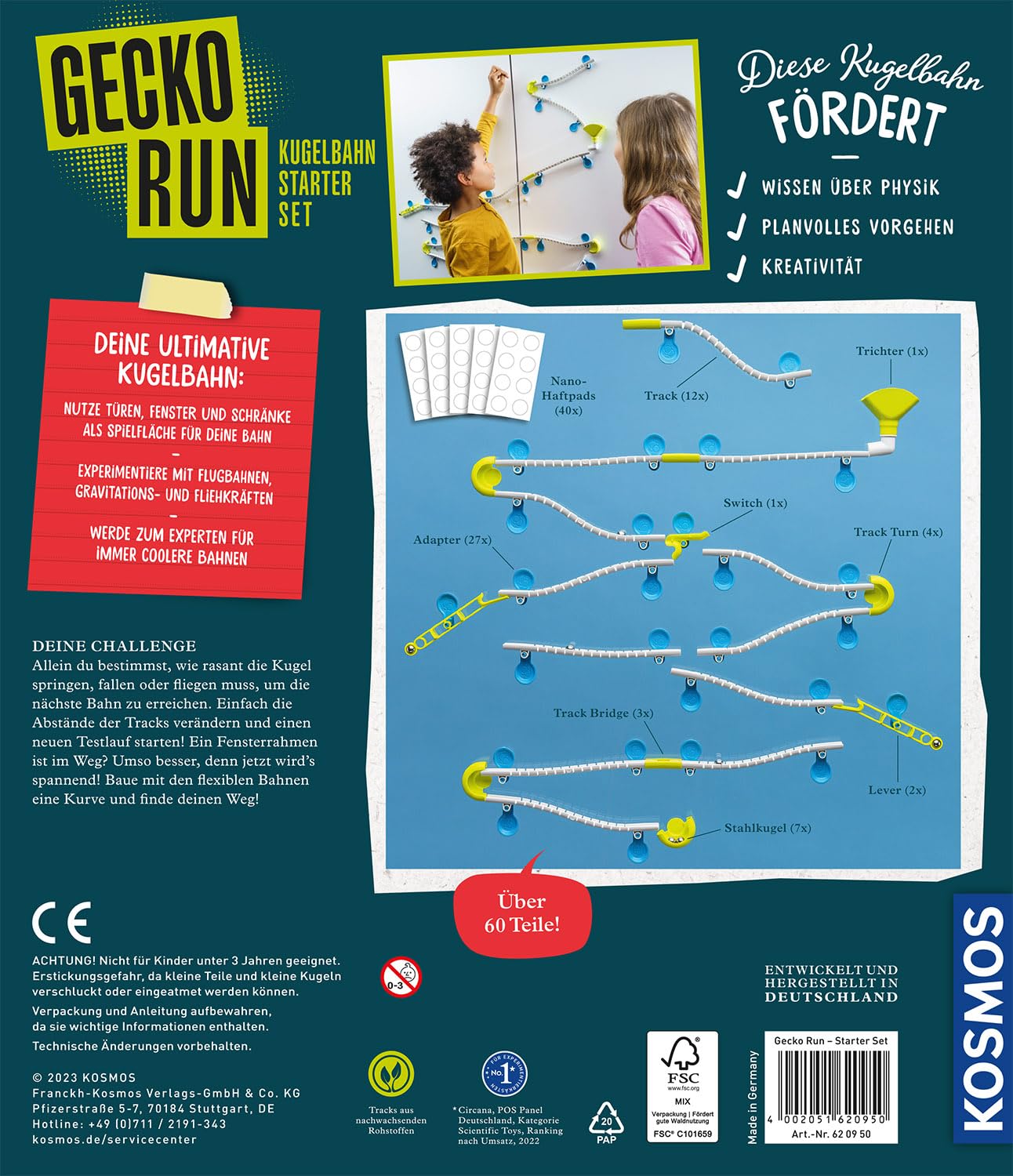 Kosmos 620950 Gecko Run, Starter Set, Erweiterbare Kugelbahn für Kinder, Vertikale Kugelbahn, Murmelbahn, Lernspielzeug und Konstruktionsspielzeug ab 8 Jahren