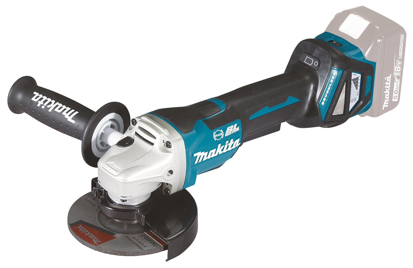 Makita DGA517RTJ Akku-Winkelschleifer 18 V / 5,0 Ah mit Paddleschalter, 2 Akkus + Ladegerät im MAKPAC, Schwarz