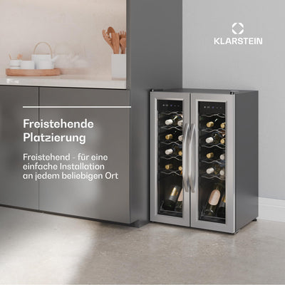 Klarstein Vinamour Weinkühlschrank 2 Zonen - 24 Flaschen, 5-18 °C, Touch-Steuerung, LED-Beleuchtung, Freistehend, Edelstahl-Doppeltür, Weinklimaschrank