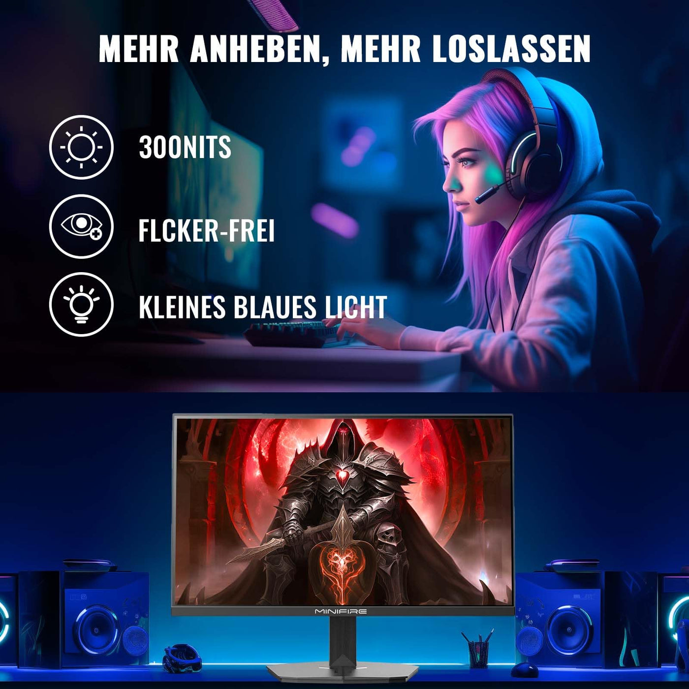 Minifire Gaming Monitor 24 Zoll, 180 Hz, 1ms, AMD FreeSync, Full HD(1920 x 1080), Rahmenlos Bildschirm, Einstellbar, 300Nits, sRGB 110%, HDMI 1.4&DP 1.2-(MFG24F4L HDMI-Kabel im Lieferumfang enthalten