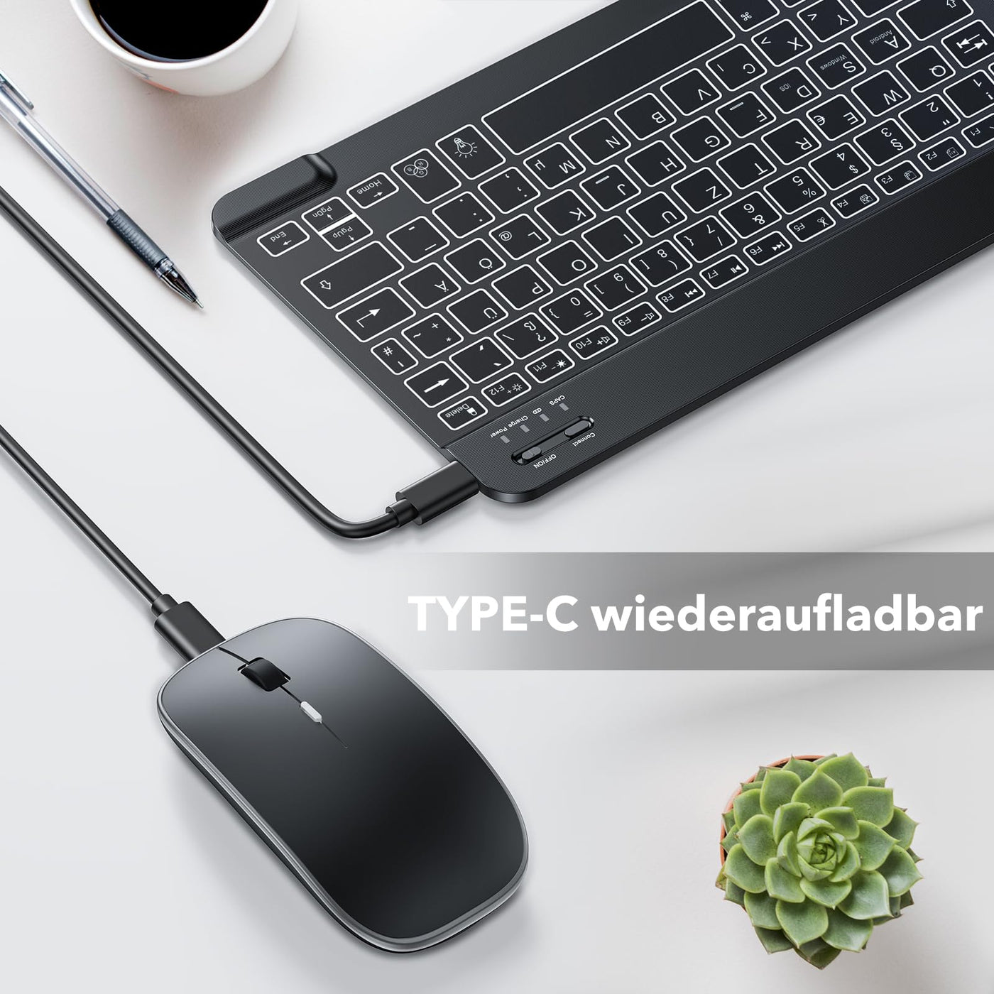 TECURS Kabellos Tastatur Maus Set QWERTZ Bluetooth Tastatur mit Maus für iPad Pro/Air/Mini/iPad 9./8.Gen, 7-farbige Hintergrundbeleuchtung, Schwarz