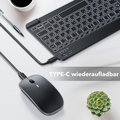 TECURS Kabellos Tastatur Maus Set QWERTZ Bluetooth Tastatur mit Maus für iPad Pro/Air/Mini/iPad 9./8.Gen, 7-farbige Hintergrundbeleuchtung, Schwarz
