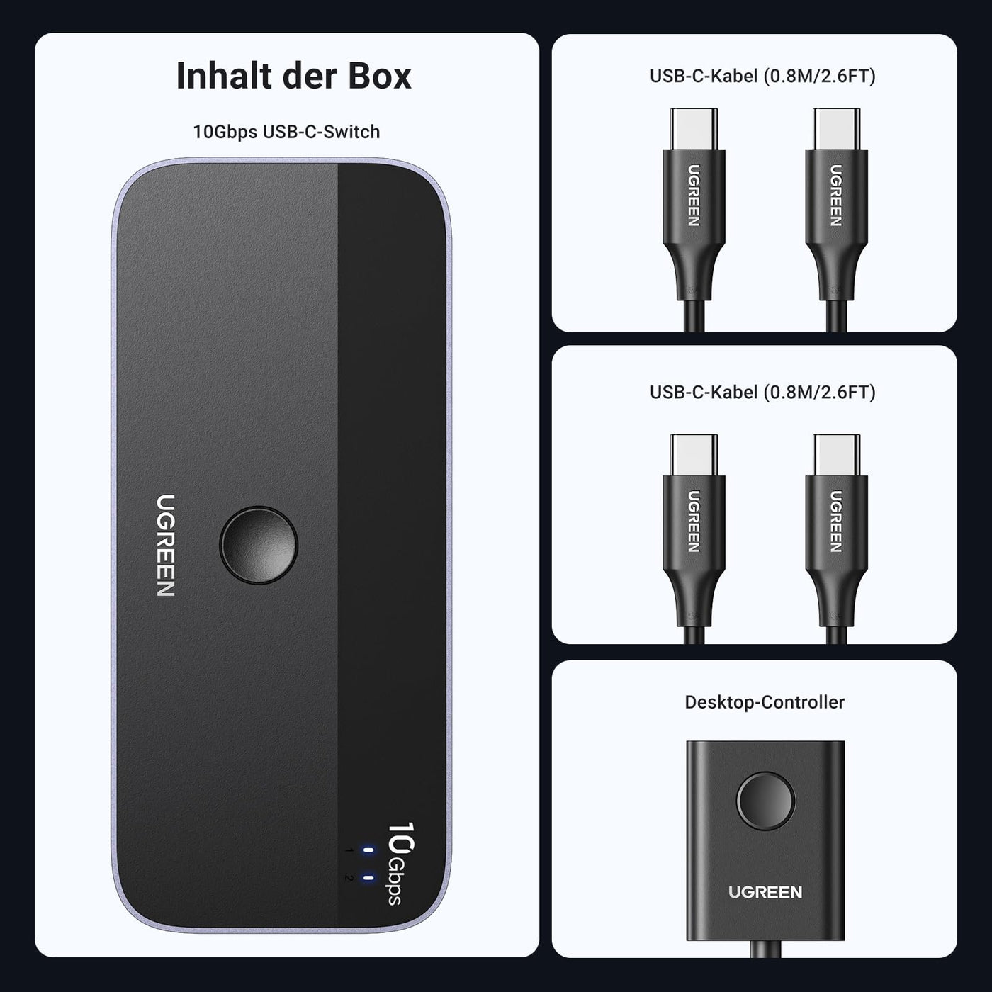 UGREEN USB C Switch 2PC 10Gbps USB Switch 3.2 2 In 4 Out mit Desktop Kontroller USB Umschalter Aluminiumgehäuse mit 2USB C auf C Kabeln für Tastatur, Maus, Drucker, USB Stick usw.