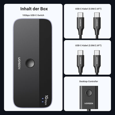 UGREEN USB C Switch 2PC 10Gbps USB Switch 3.2 2 In 4 Out mit Desktop Kontroller USB Umschalter Aluminiumgehäuse mit 2USB C auf C Kabeln für Tastatur, Maus, Drucker, USB Stick usw.
