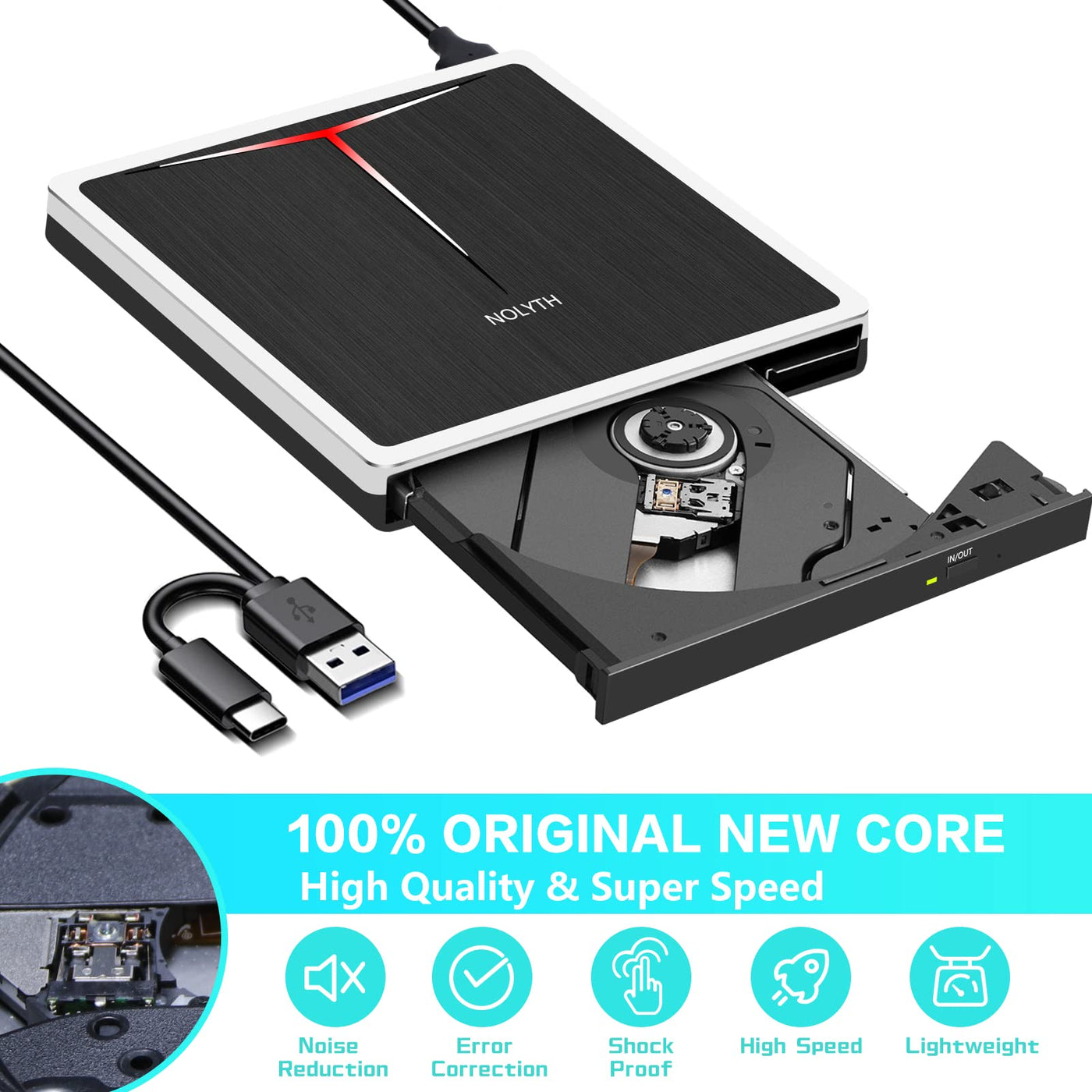 NOLYTH Externes DVD Laufwerk, CD Laufwerk Extern USB, DVD Laufwerk Extern mit SD TF 2 USB Ports, Tragbar Externe Optische Laufwerke DVD Brenner Extern CD Laufwerk Externes für Laptop Mac PC Windows