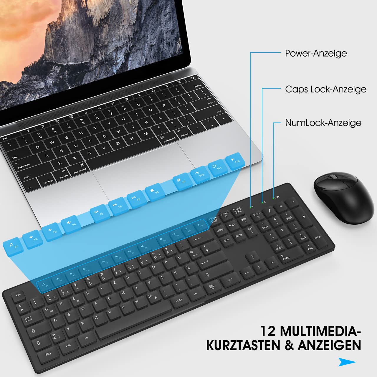 Tastatur Maus Kabellos, 2,4GHz Büro Maus Tastatur Set Kabellos mit USB, Tastatur in voller Größe, Leise Maus mit 1600DPI, für Windows, Desktop PC, Chromebook, Laptop, Computer(Deutsche/Schwarz)