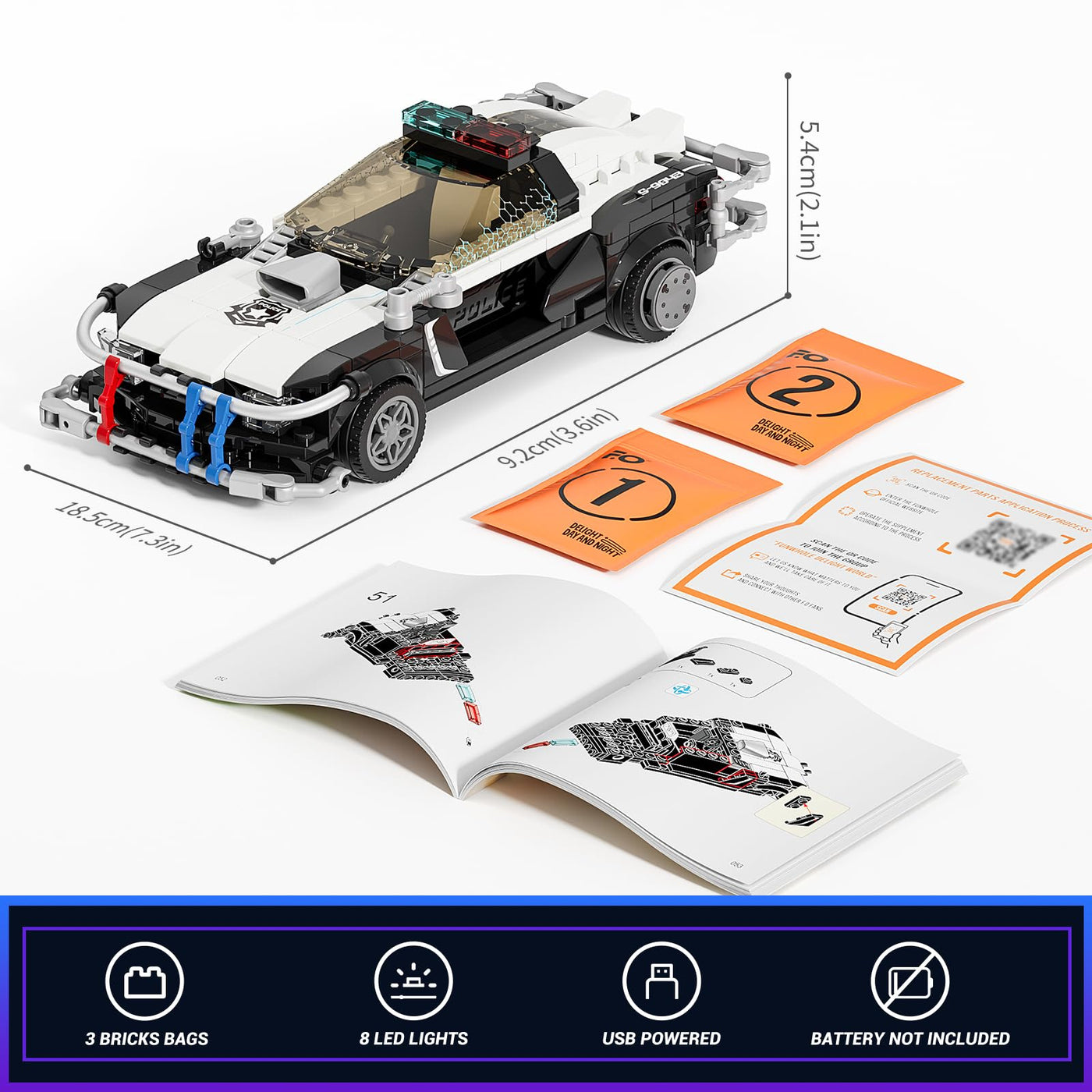 FUNWHOLE Polizeistreifenwagen Beleuchtetes Baustein-Set - Cyberpunk Stadt-Autojagd Spielset mit Polizist, 372 Teile, STEM Spielzeug für Erwachsene und Jugendliche