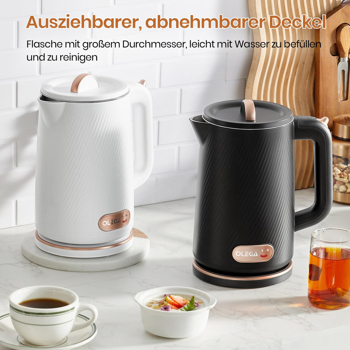 OLEGA Wasserkocher - 1800W Schnellaufheizender Elektrischer Teekessel BPA-freier 304 Edelstahl Elektrischer Wasserkocher mit Automatischer Abschaltung und Trockengehschutz Perfekt für die Familie 1.8L