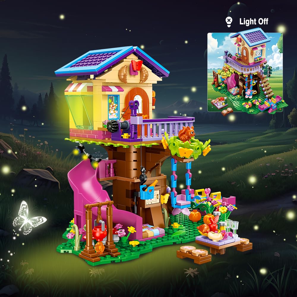 CUBIMANA Baumhaus Bausteine Set mit LED-Licht – Baumhaus Baustein Spielzeug, Up-Haus Bausatz mit Rutsche, Geburtstag Weihnachts Geschenk für Kinder Mädchen Jungen ab 6 7 8 9 10 11+ Jahren (618 Stück)
