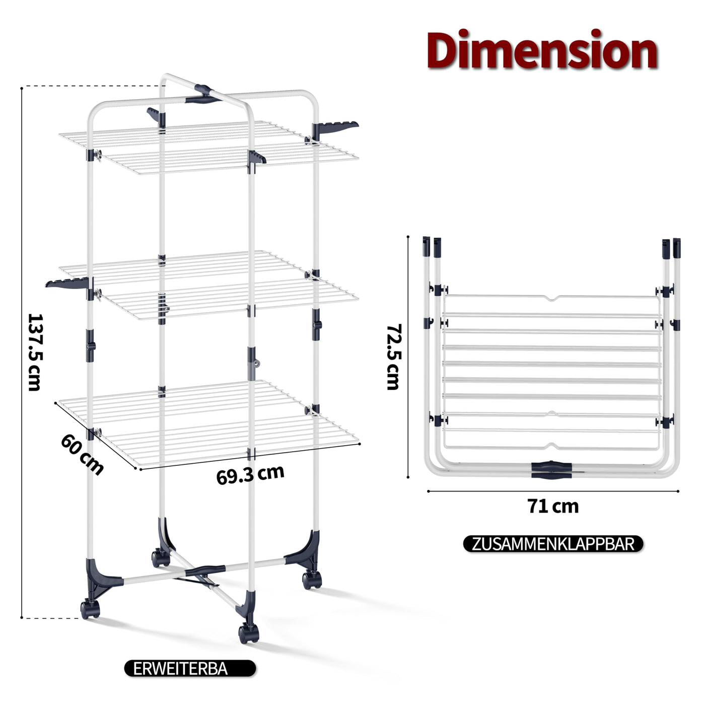 SYKIARIOL Wäscheständer, 3-stufiger zusammenklappbarer Wäscheständer mit Rädern und 4 Haken, für den Innen- und Außenbereich, für Bettwäsche, Kleidung, Socken, Schals Weiß