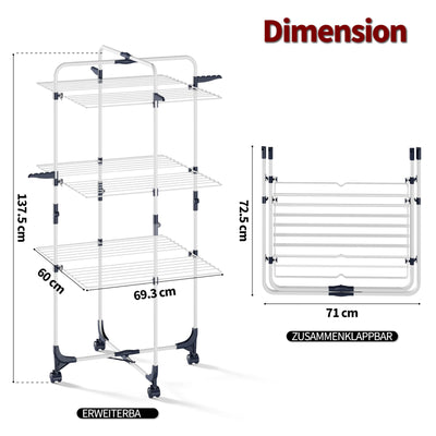 SYKIARIOL Wäscheständer, 3-stufiger zusammenklappbarer Wäscheständer mit Rädern und 4 Haken, für den Innen- und Außenbereich, für Bettwäsche, Kleidung, Socken, Schals Weiß