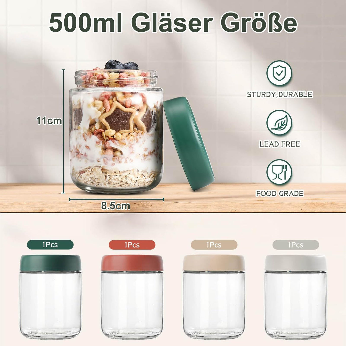 QIMYGIFT Overnight Oats Gläser mit Deckel, 500ml Einmachgläser mit Schraubdeckel Meal Prep Gläser für Hausgemachte Marmelade, Babynahrung, Einlegen, Einmachen, Mason Jar, Sauerteig