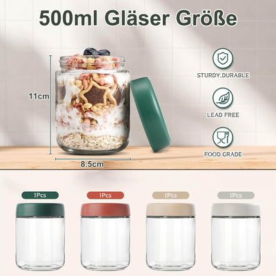 QIMYGIFT Overnight Oats Gläser mit Deckel, 500ml Einmachgläser mit Schraubdeckel Meal Prep Gläser für Hausgemachte Marmelade, Babynahrung, Einlegen, Einmachen, Mason Jar, Sauerteig