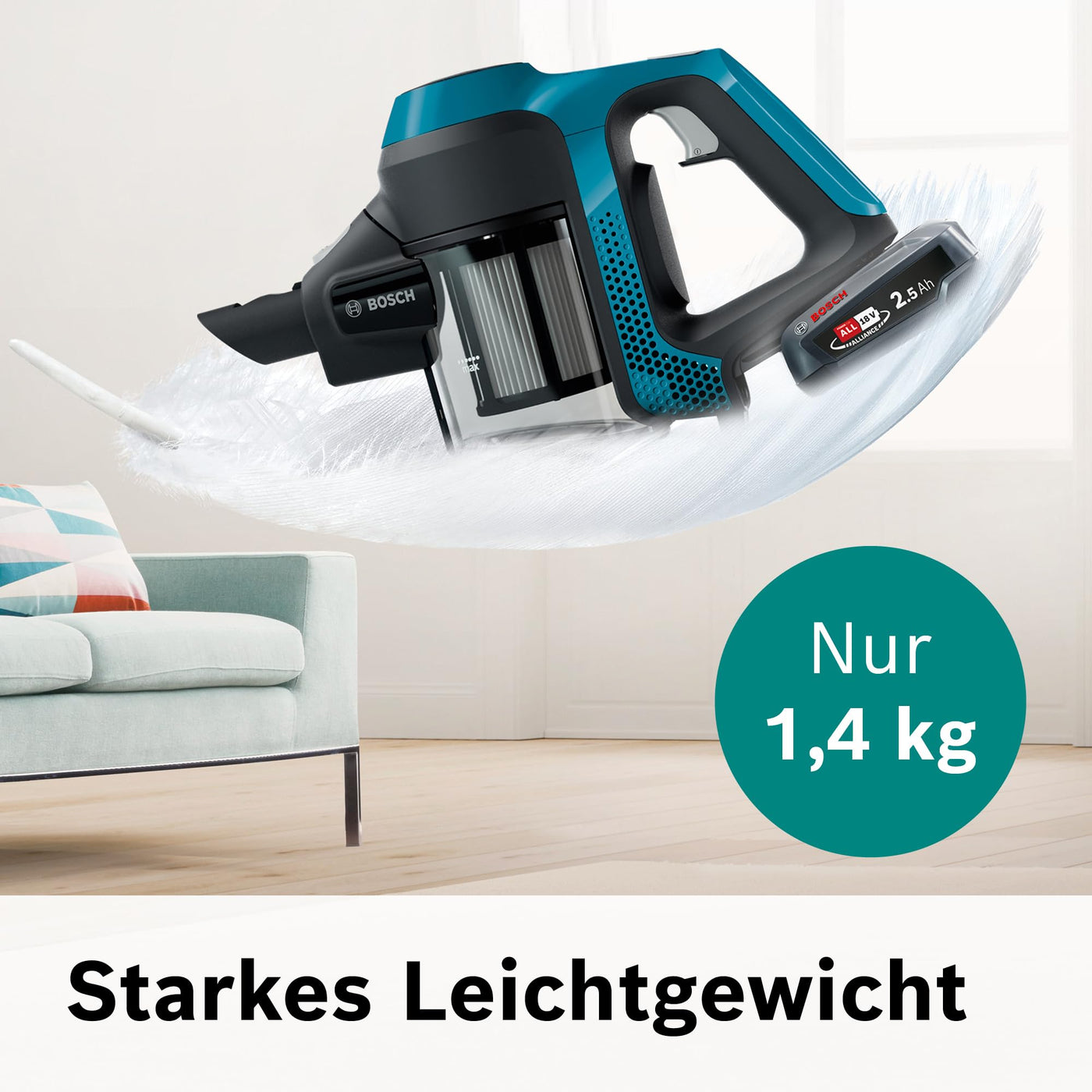 Bosch Akku-Staubsauger Unlimited Serie 6 BKS6111P, kabelloser Handstaubsauger, beutellos, leicht, Hygiene-Filter, hohe Saugleistung, Lange Laufzeit, Fugendüse, alle Bodenarten, blau