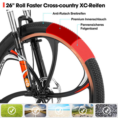 Hiland Mountainbike, 6 Speichen, 21 Gänge Schaltung, Aluminium Rahmen 26 Zoll Räder, Scheibenbremse Fahrrad für Männer Frauen Herren MTB-Fahrrad, Schwarz