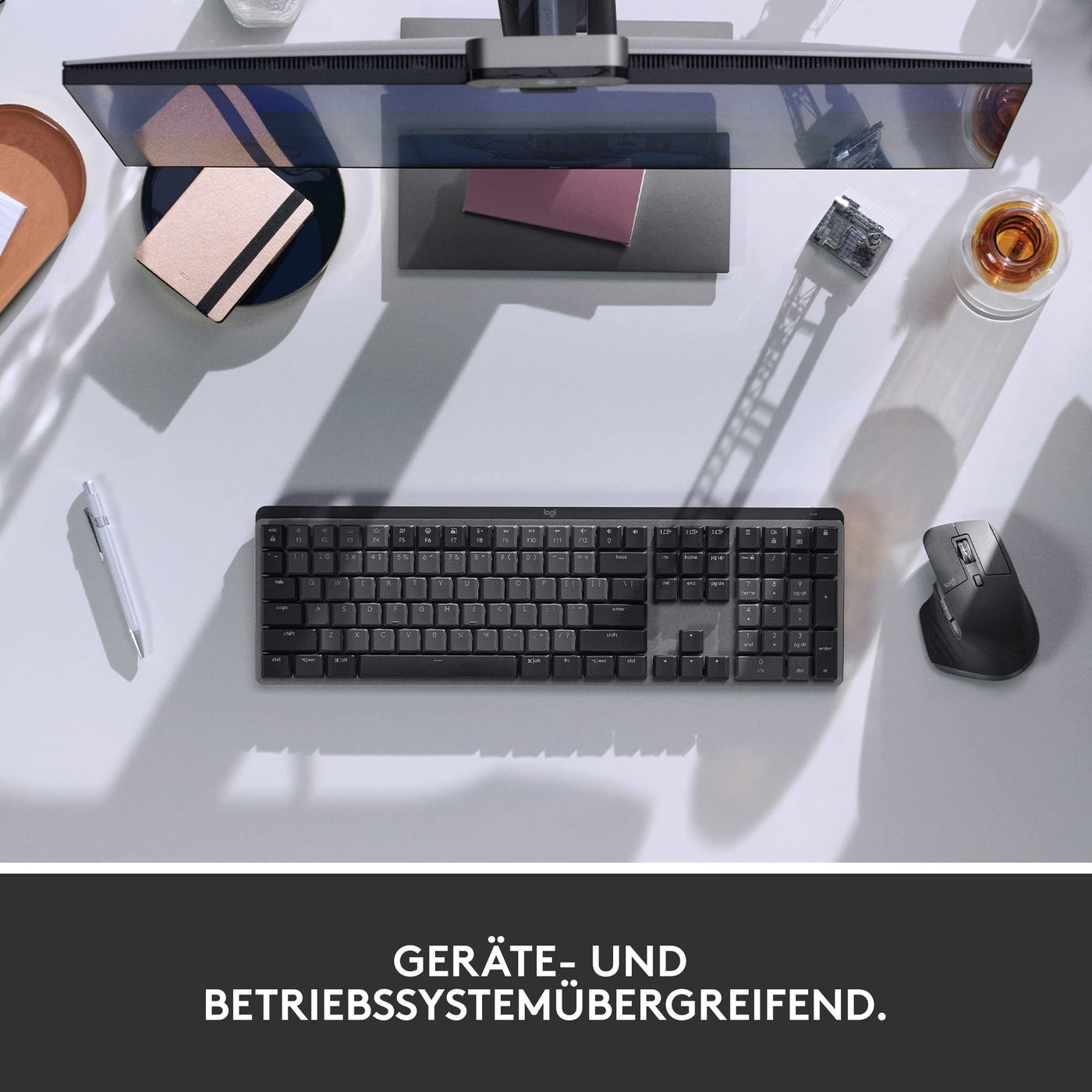 Logitech MX Mechanical kabellose beleuchtete Tastatur Standardgröße Linear, MX Master 3S kabellose Hochleistungs-Bluetooth-Maus, macOS, Windows, Linux, iOS, Android, DEU QWERTZ - Grau