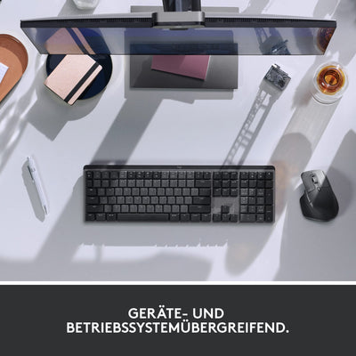 Logitech MX Mechanical kabellose beleuchtete Tastatur Standardgröße Linear, MX Master 3S kabellose Hochleistungs-Bluetooth-Maus, macOS, Windows, Linux, iOS, Android, DEU QWERTZ - Grau