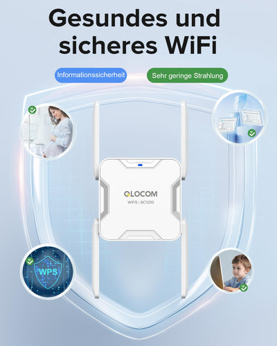 QLOCOM 2025 Neuestes WLAN Verstärker WLAN Repeater AC1200 (867MBit/s 5GHz + 300MBit/s 2,4GHz), DualBand WiFi Internet Verstärker mit Ethernet Port, Kompatibel Allen WLAN Geräten