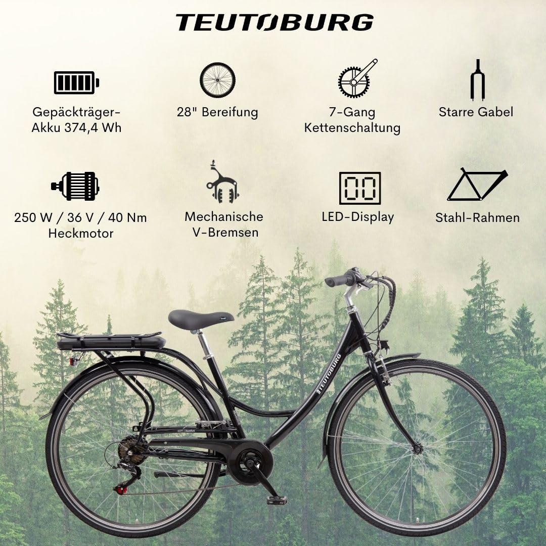 Teutoburg Senne Fahrrad Pedelec Citybike Elektrofahrrad schwarz, E-Bike 28 Zoll, 10,4 Ah/36V Lithium Ionen Akku, 7-Gang Kettenschaltung, inkl. Panzerkabelschloss