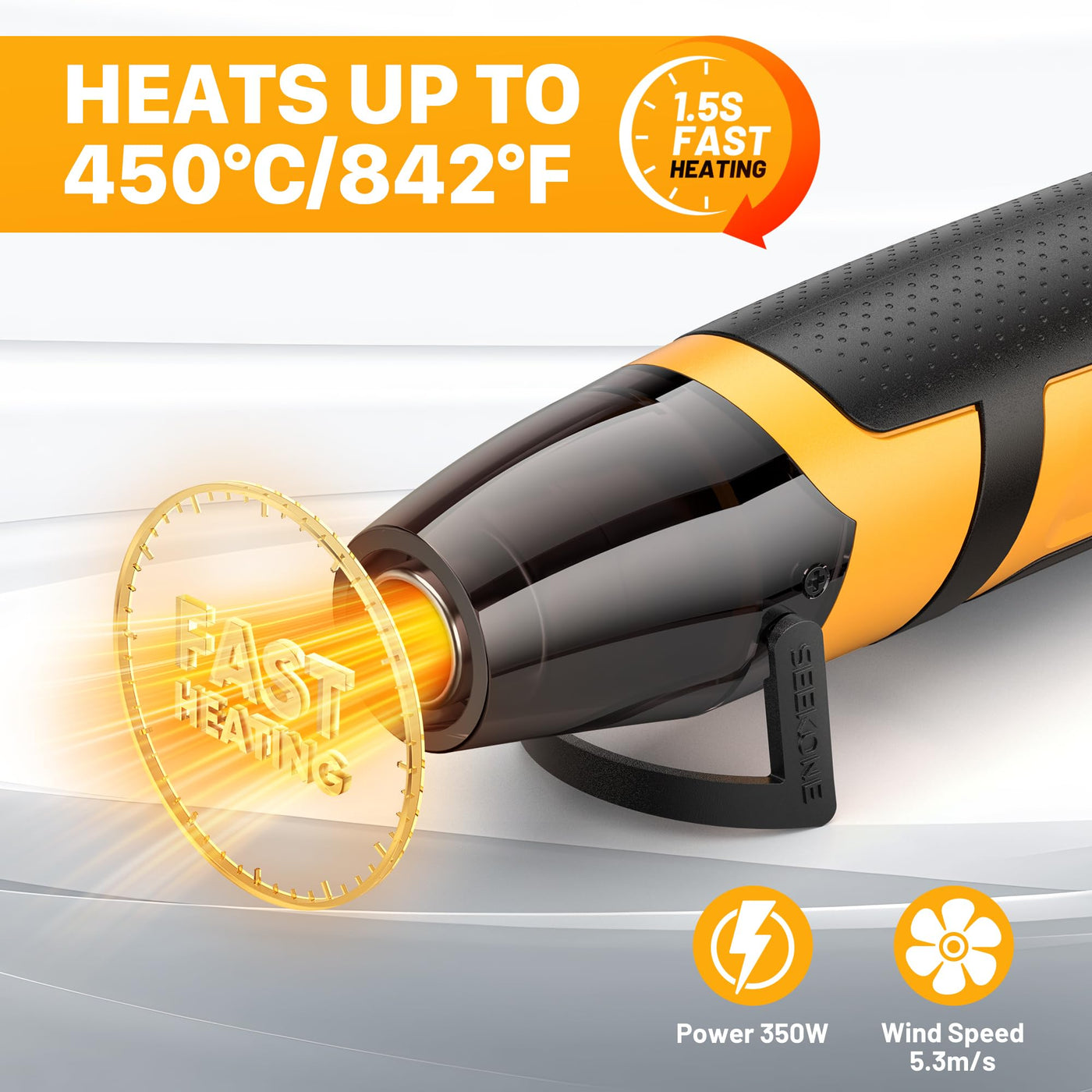 SEEKONE Mini Heißluftfön 2 Temperatur 260 ℃/450 ℃, 350W Manuelle Heißluftpistole mit Edelstahldüse, Überlastungsschutz, EU-Norm, Tragbarer Heissluftgebläse Schnelle Erwärmung für DIY, Prägen, Basteln