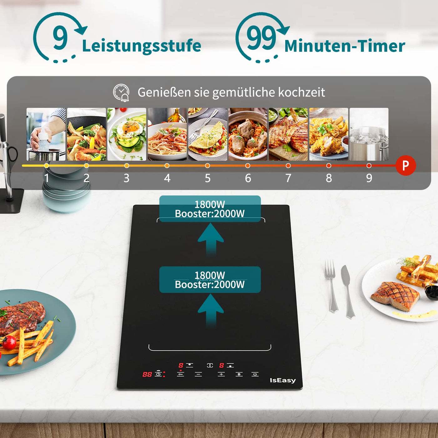 Induktionskochfeld mit Flexzonen, IsEasy domino Induktionskochfeld, Induktionskochfeld 2 platten mit 9 Leistungsstufen, Boost-Funktion,Kindersicherung und 1-99min Timer, 29.5cm, 3400W, Schwarz