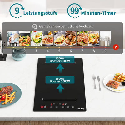 Induktionskochfeld mit Flexzonen, IsEasy domino Induktionskochfeld, Induktionskochfeld 2 platten mit 9 Leistungsstufen, Boost-Funktion,Kindersicherung und 1-99min Timer, 29.5cm, 3400W, Schwarz